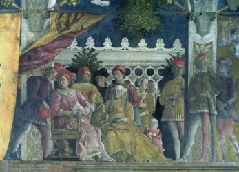 Marchese Ludovico Gonzaga III von Mantua (regierte 1444-78), seine Frau Barbara von Brandenburg, Kinder, Höflinge und ihr Hund Rubino, aus der Camera degli Sposi oder Camera Picta, 1465-74 (Detail)
